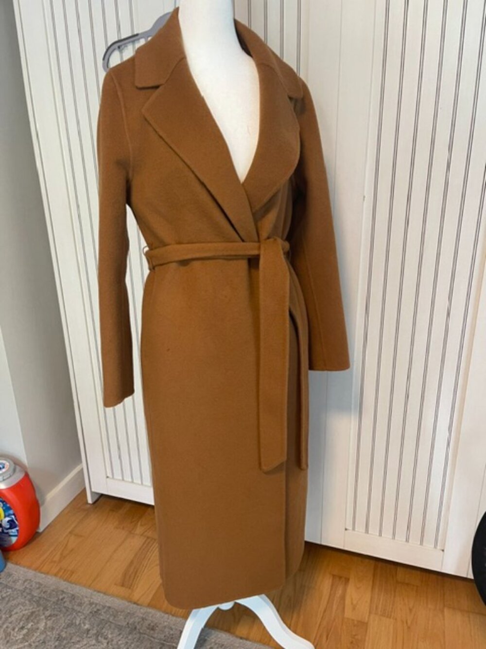 4CUS Camel Brown Wool Blend Belted Coat pre-owned